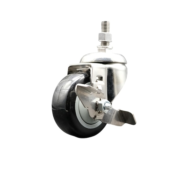 Service Caster 3 Inch 316SS Black Polyurethane Swivel 1/2 Inch Threaded Stem Caster with Brake SS316TS20S314-PPUB-BLK-TLB-121315 - main